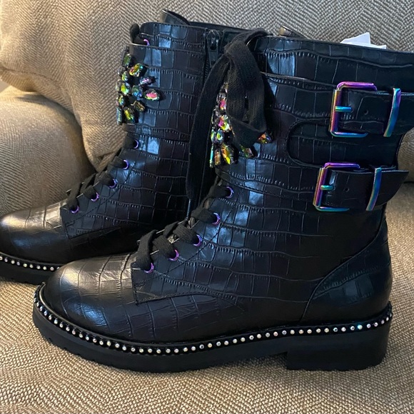 BRAND NEW Kurt Geiger size 7 Rainbow Rhinestones Combat Boots - Picture 4 of 5